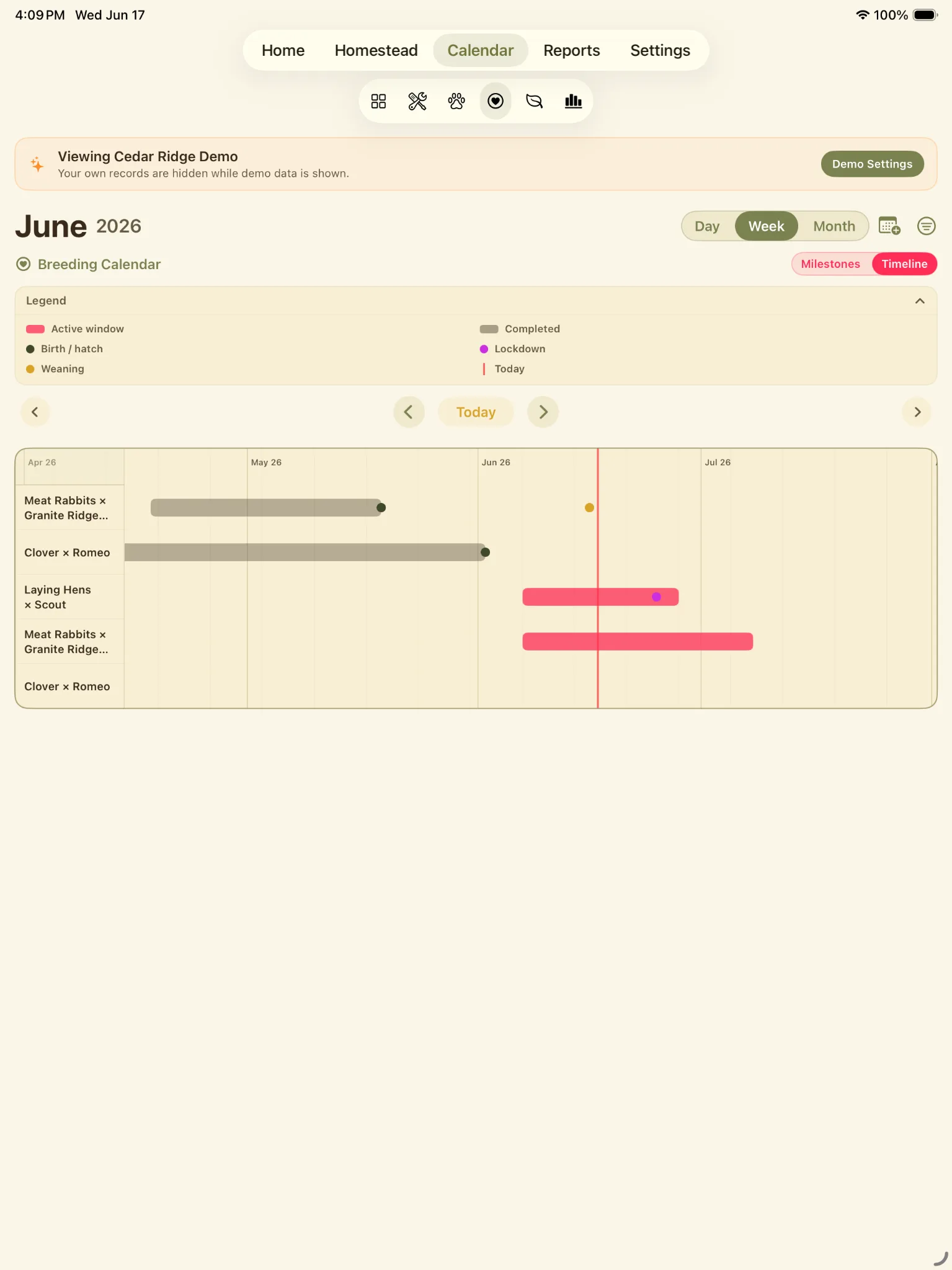 Breeding calendar timeline showing active windows, completed items, birth or hatch, weaning, lockdown, and today markers.