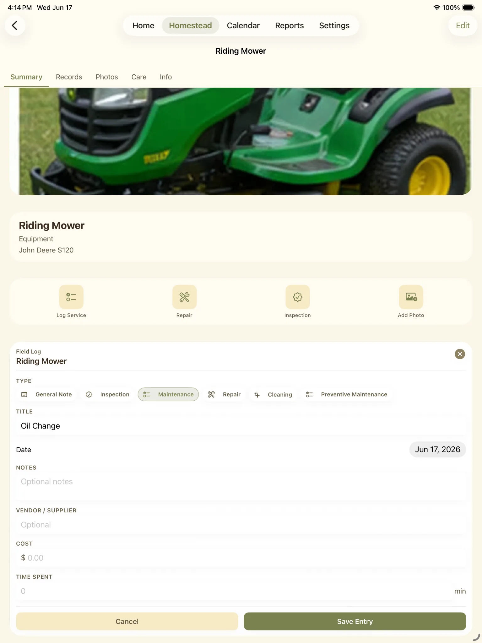 Riding mower equipment screen with a Field Log service form.