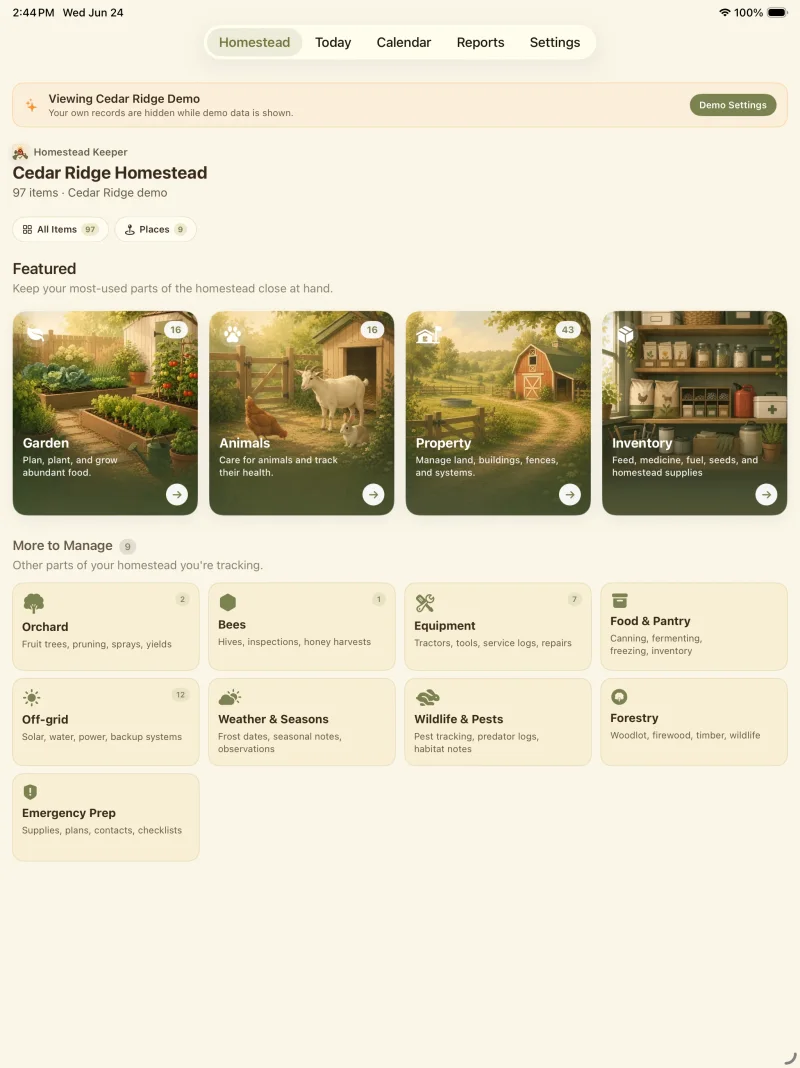 Homestead Keeper Homestead Hub showing featured Garden, Animals, Property, and Inventory cards plus Orchard, Bees, Equipment, Food & Pantry, Off-grid, Weather & Seasons, Forestry, and Emergency Prep.