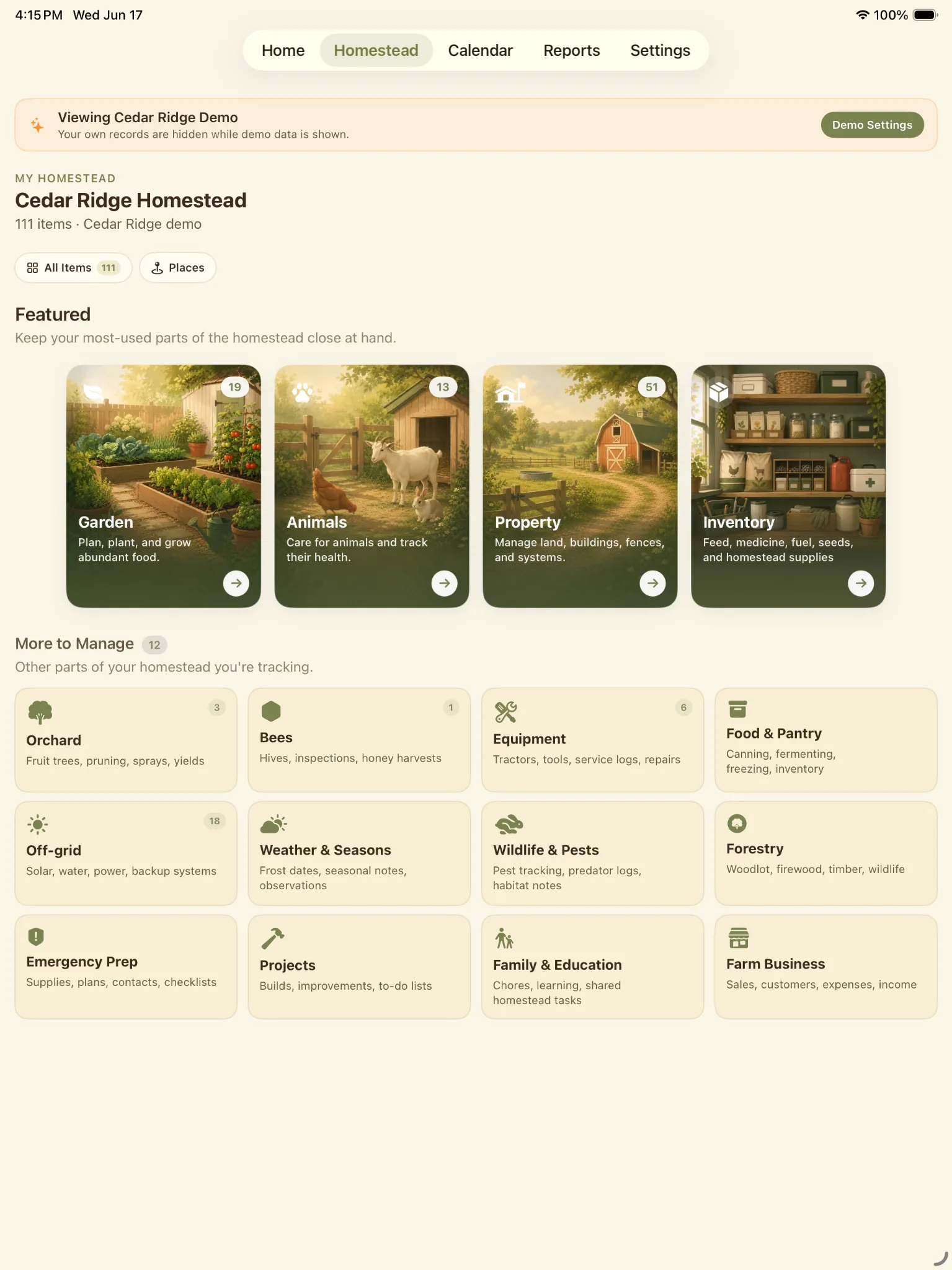 Homestead Keeper Homestead Hub showing Garden, Animals, Property, Inventory, and More to Manage cards.
