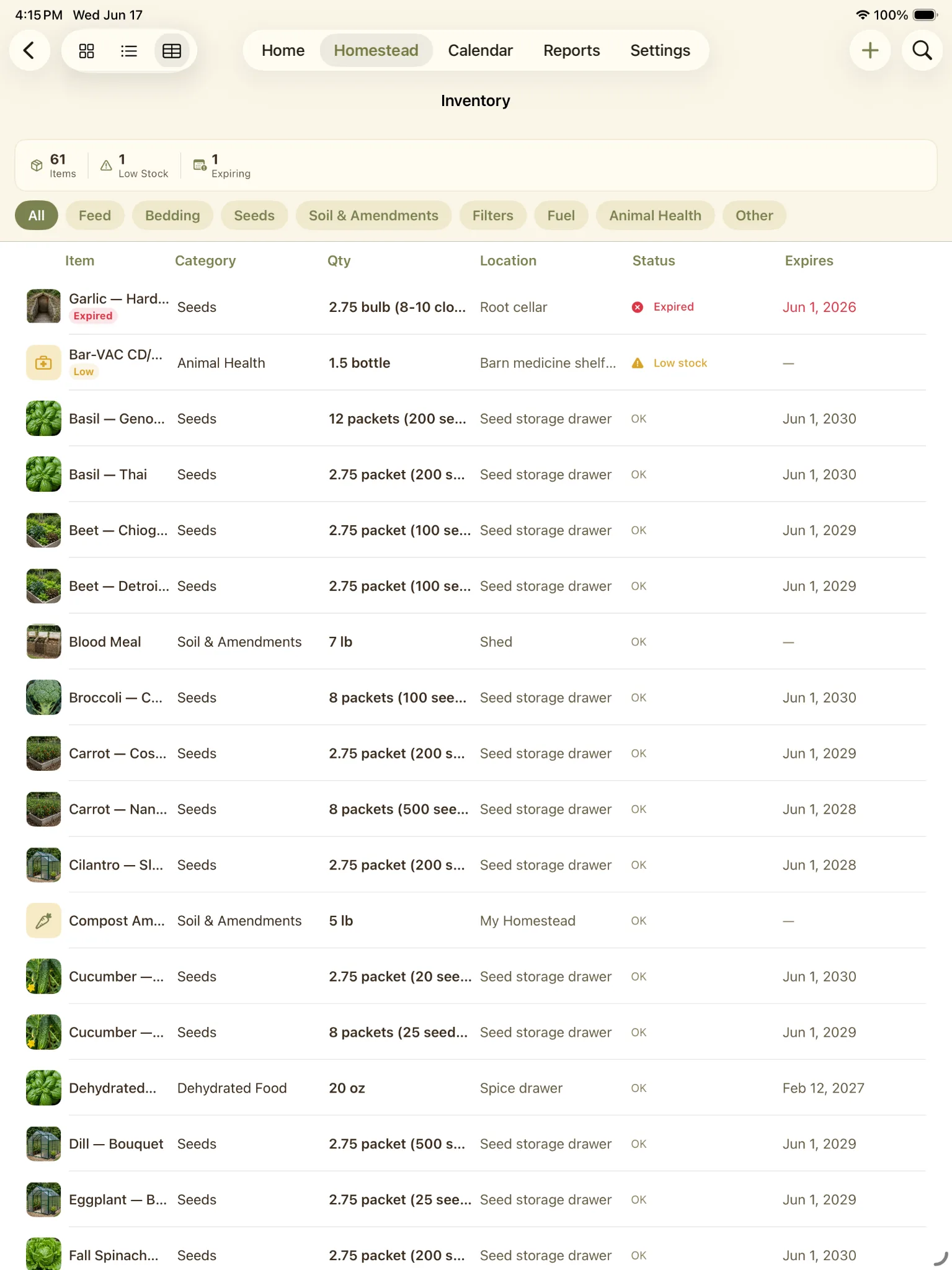 Inventory list table showing item, category, quantity, location, status, and expiration columns.