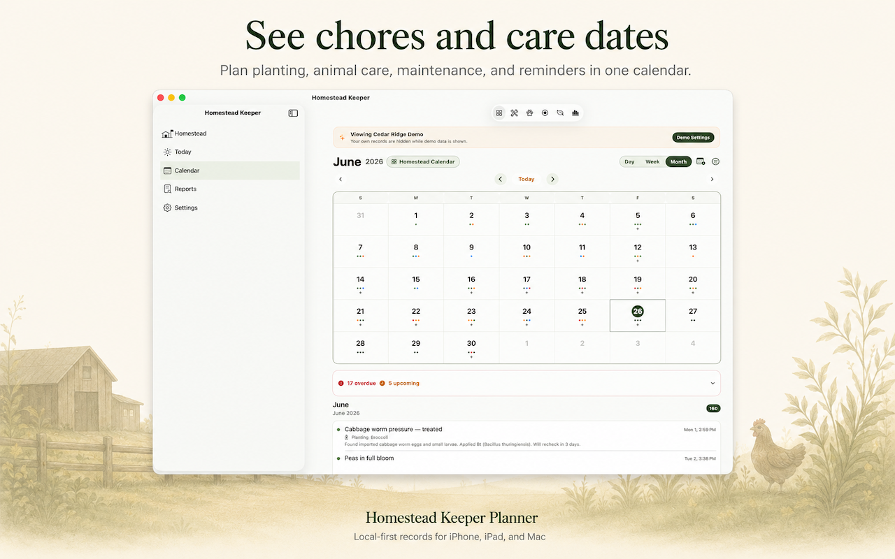 Homestead Keeper for Mac calendar month view with chores, crop dates, and seasonal reminders.