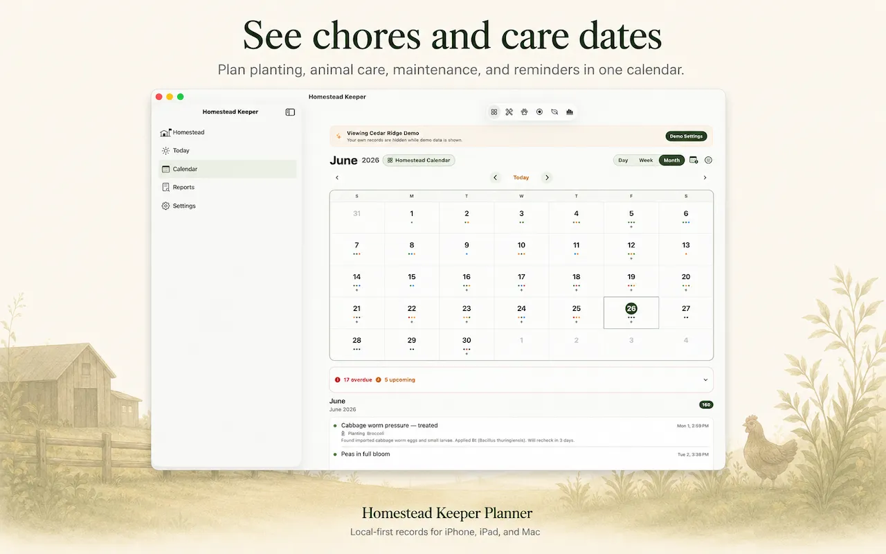 Homestead Keeper for Mac calendar month view with chores, crop dates, and seasonal reminders.