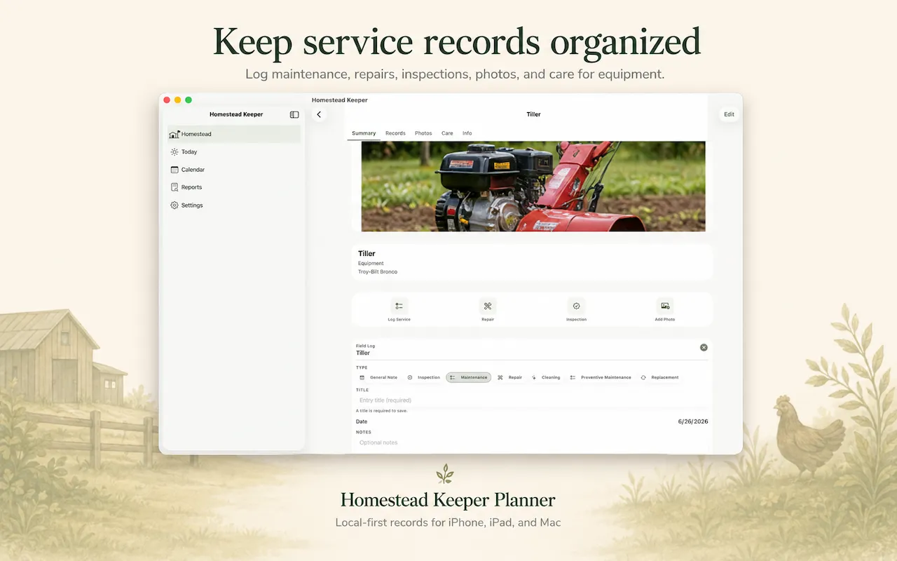 Homestead Keeper for Mac equipment records showing service history, repairs, and inspection notes.