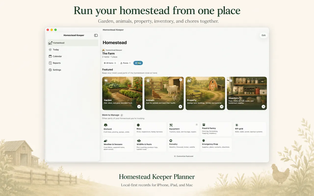 Homestead Keeper for Mac showing the Homestead Hub with garden, animals, property, and inventory areas.