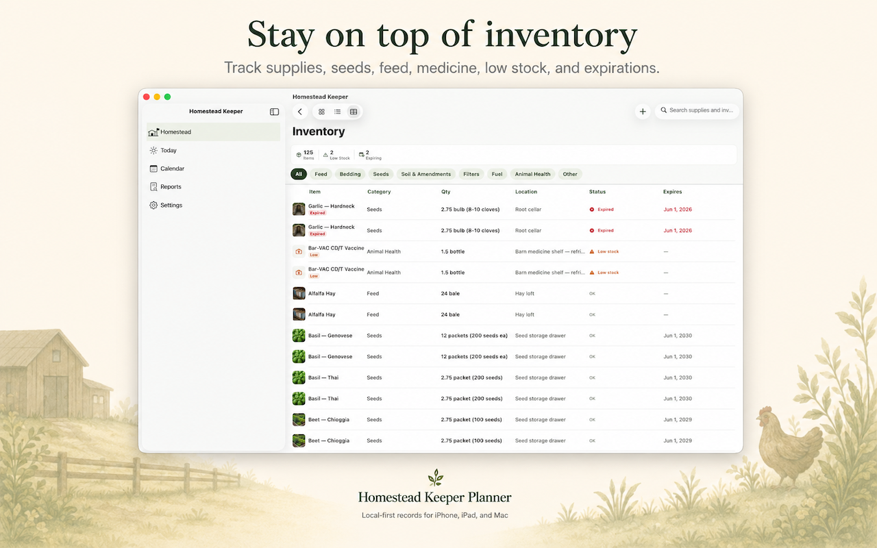 Homestead Keeper for Mac inventory view showing supplies, feed, seeds, and expiration dates.