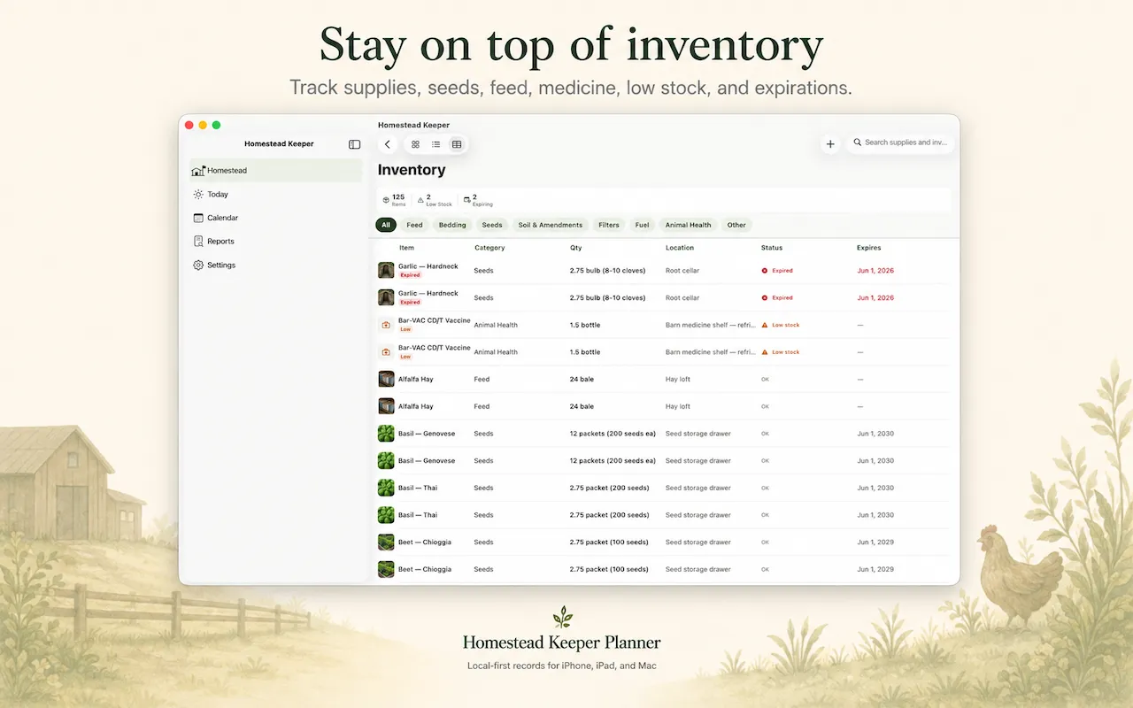 Homestead Keeper for Mac inventory view showing supplies, feed, seeds, and expiration dates.