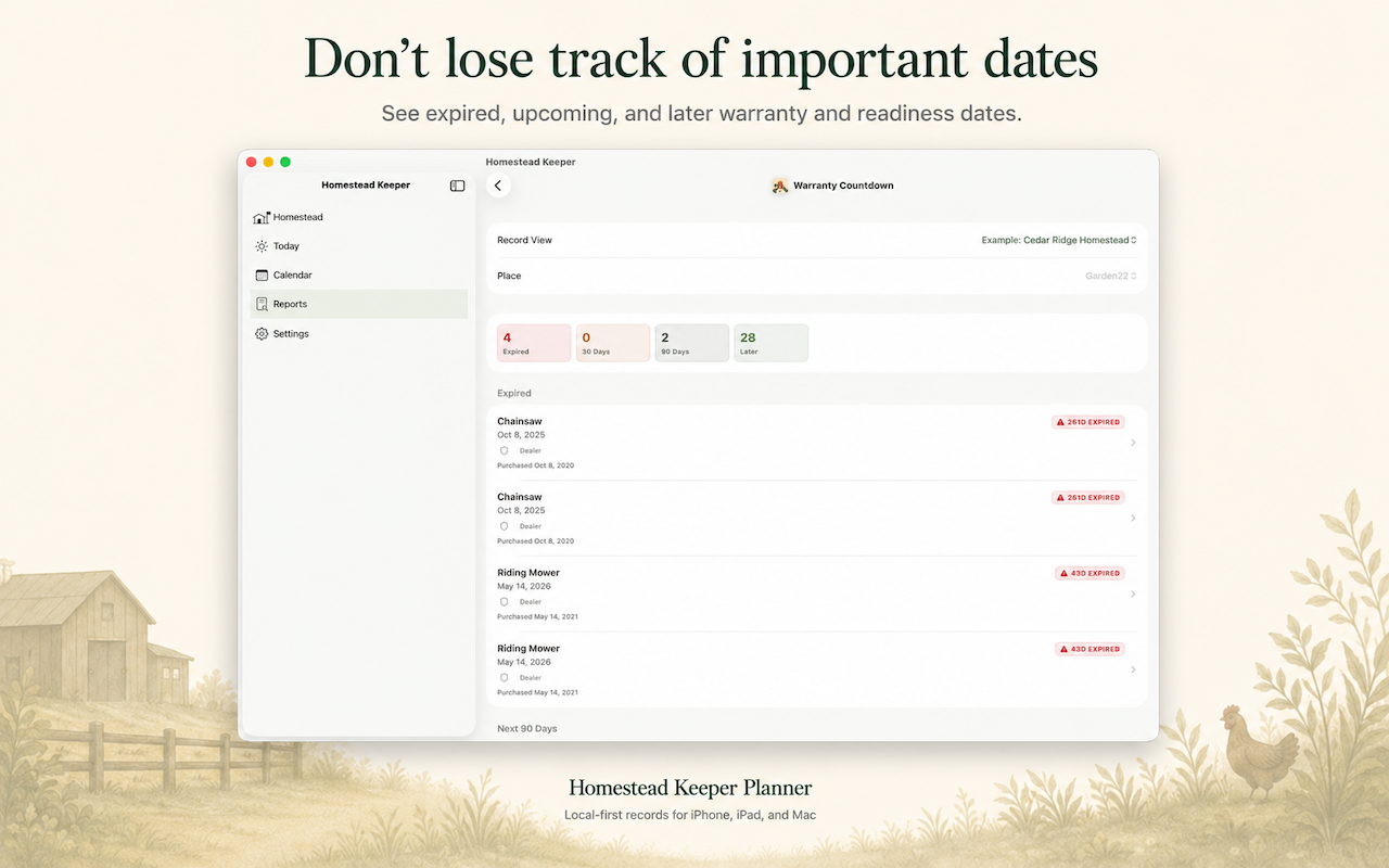 Homestead Keeper for Mac warranty countdown showing expired, upcoming, and later warranty dates.
