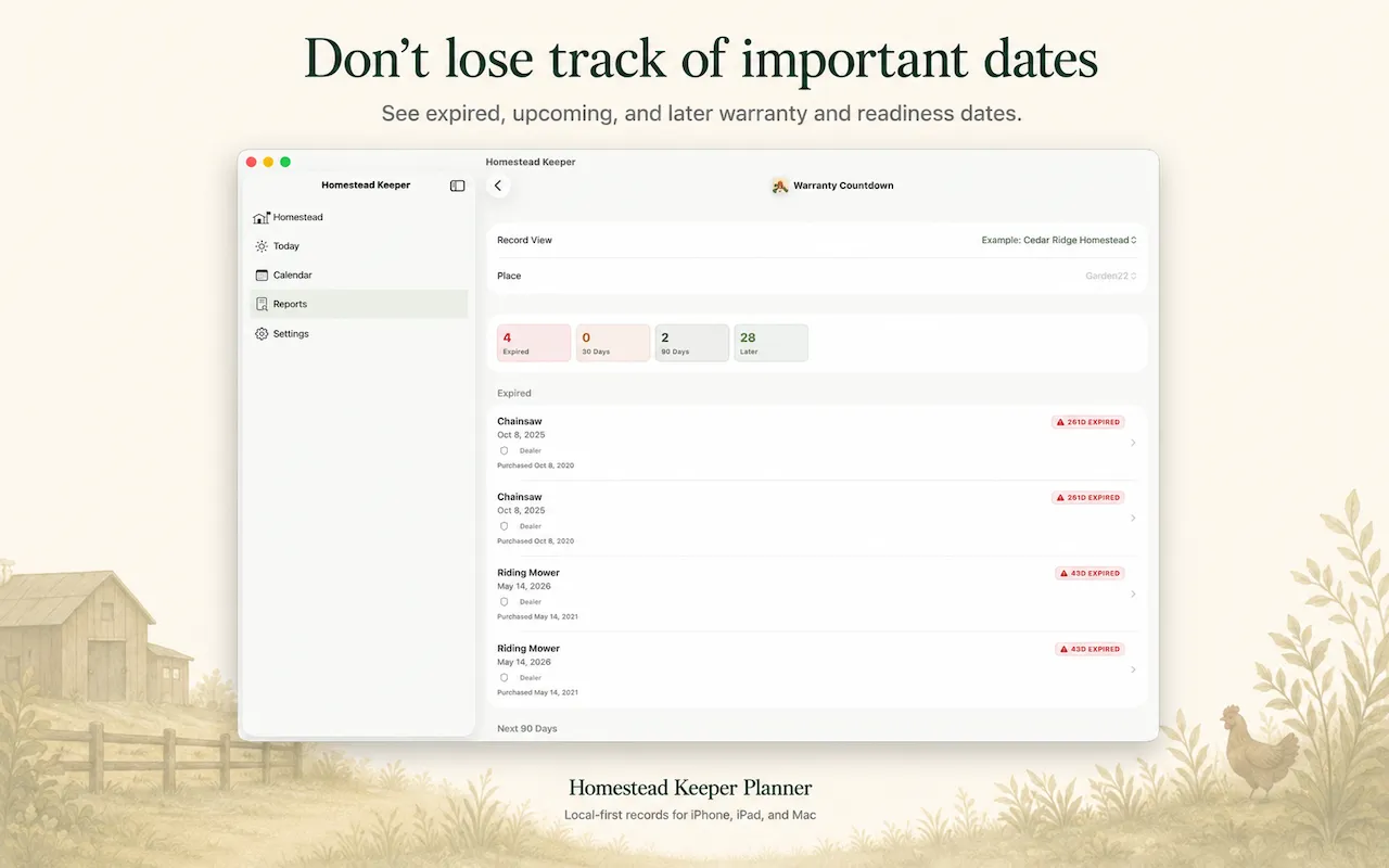 Homestead Keeper for Mac warranty countdown showing expired, upcoming, and later warranty dates.