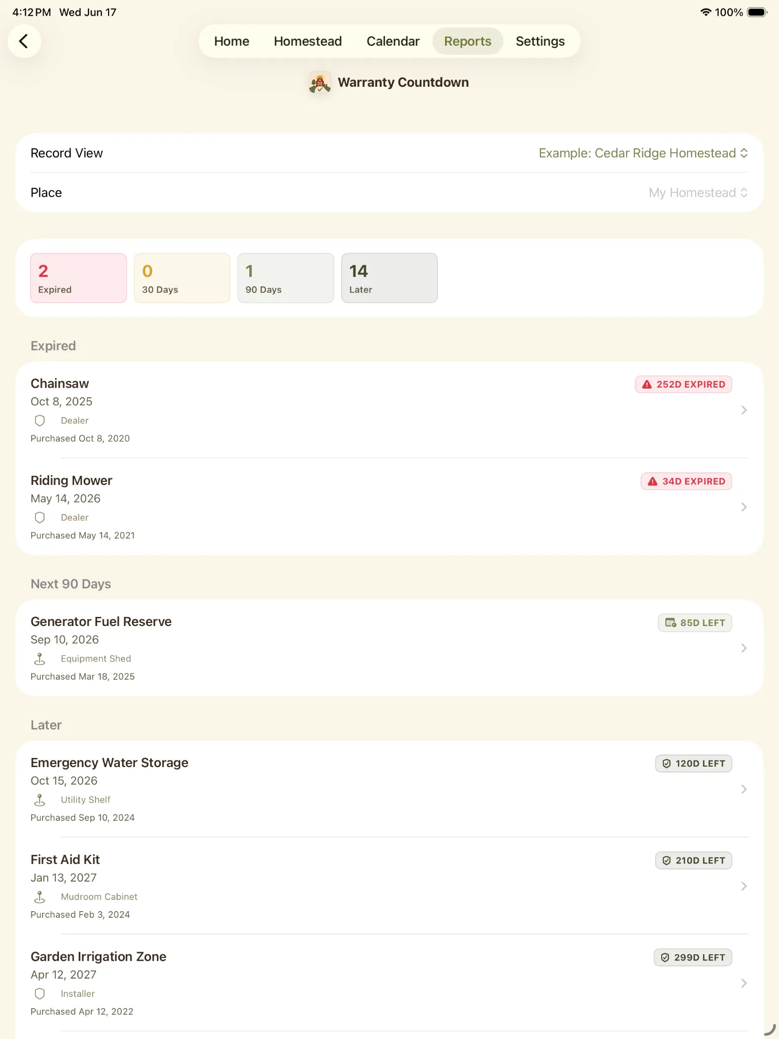 Warranty Countdown report showing expired warranties, 90 day warranties, and later warranty items.