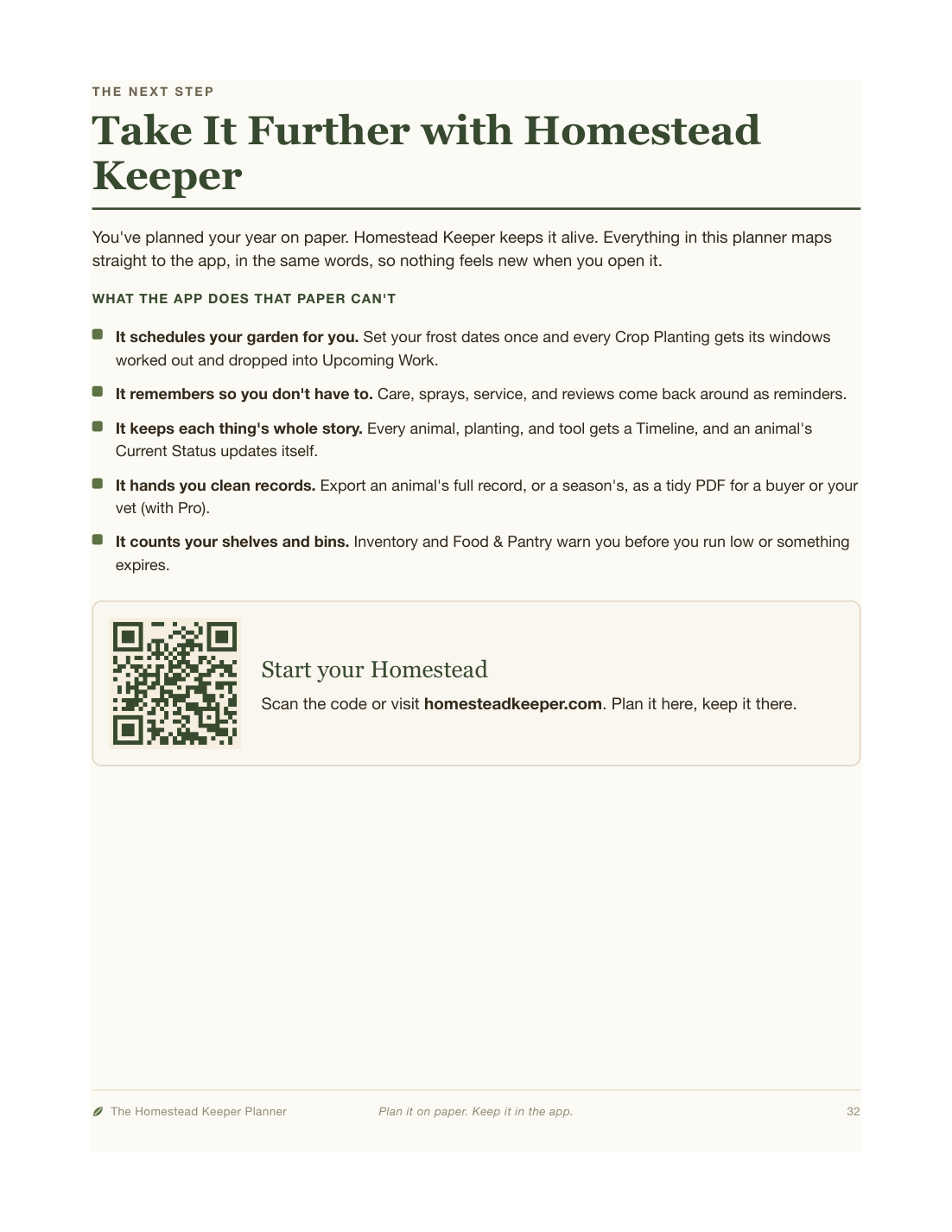 Closing page linking to the Homestead Keeper app.